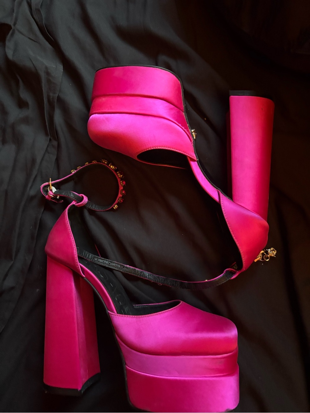 Versace Fuchsia Satin Platform Block Heels with Gold Accents